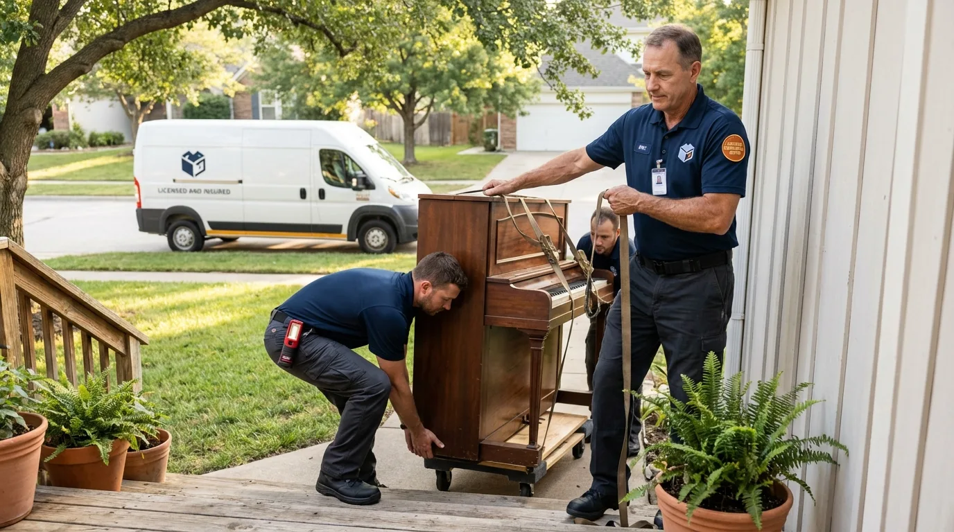 Licensed piano movers securing grand piano in Yountville, CA