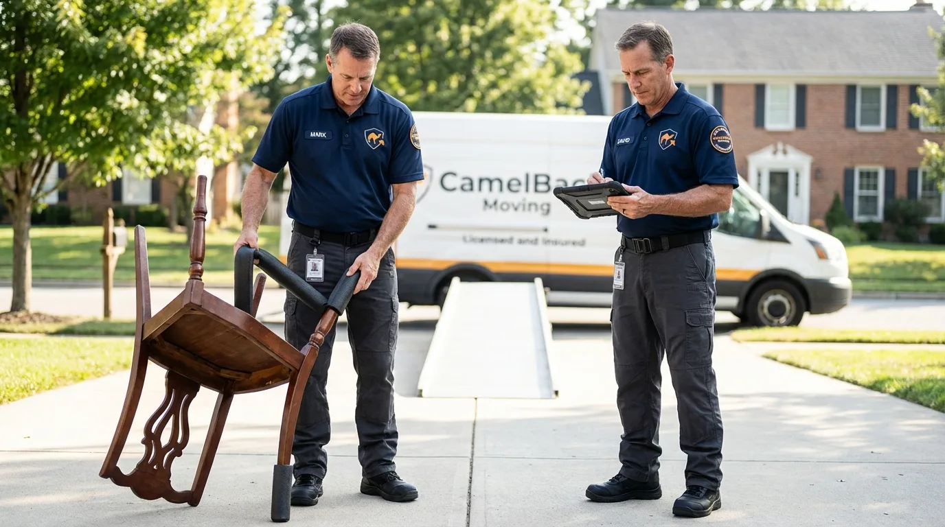 Movers inspecting furniture for damage prevention before loading in Yountville, CA