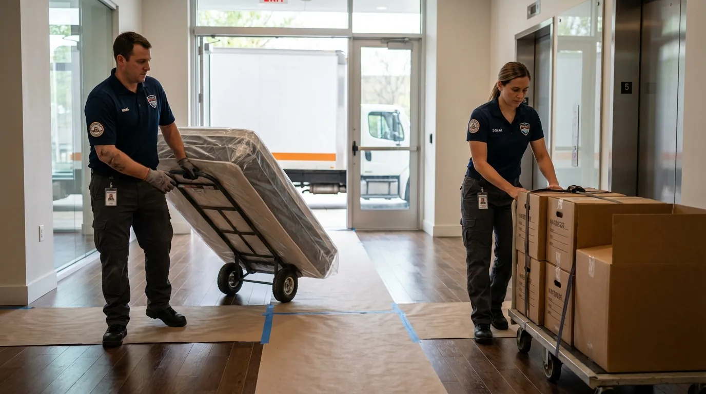 Professional apartment movers loading elevator in Yountville, CA